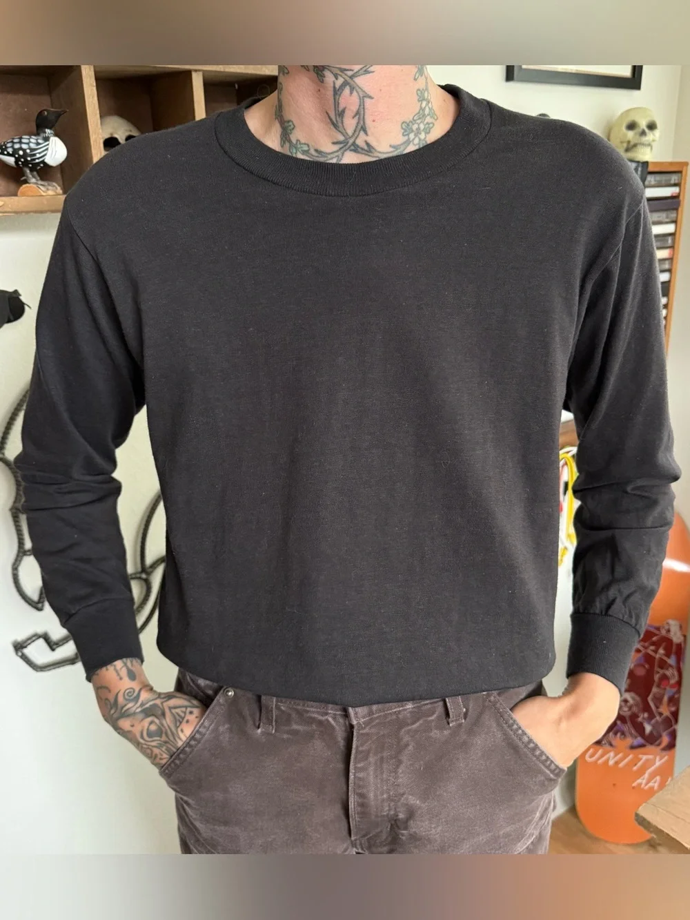 Vintage 70s 80s Deadstock Blank Black Cotton Long Sleeve Tee ~ Size Small - Picture 3 of 10